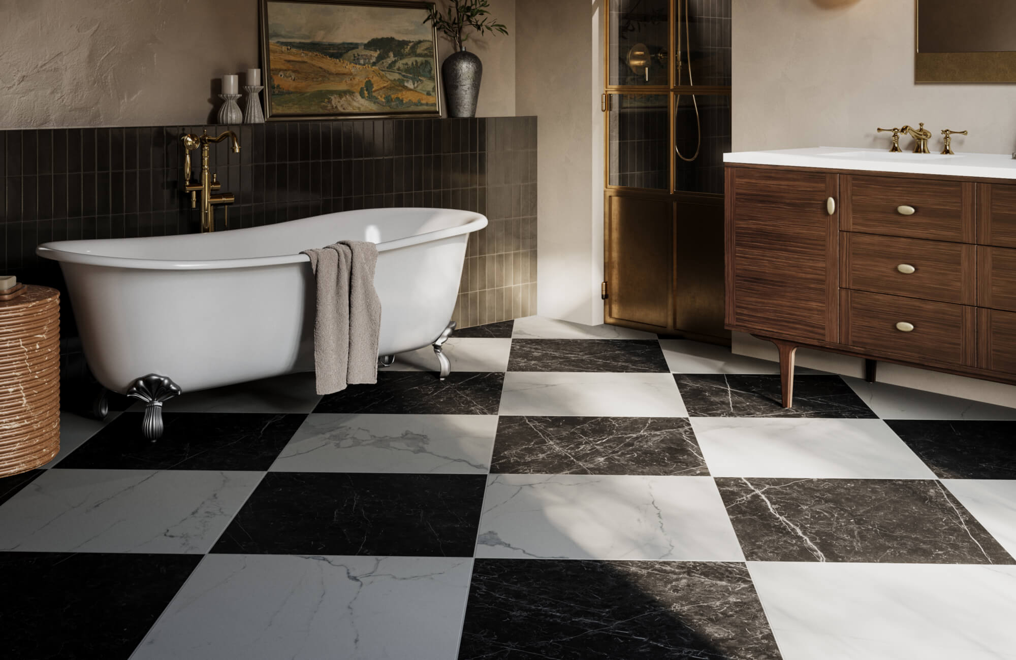 Marble-tiled bathroom floor and feature wall tiling