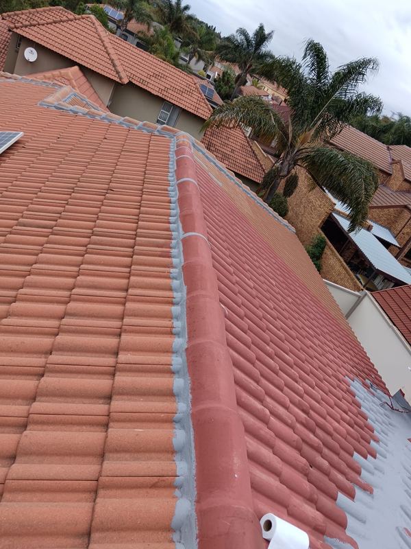 Terracotta tiled roof repainted with the ridges repointed