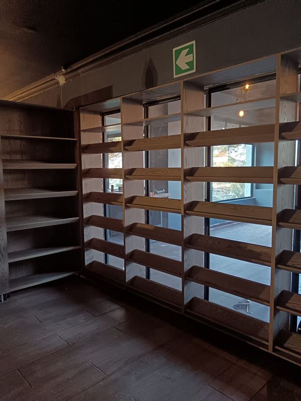 Timber display shelving to a shopfront