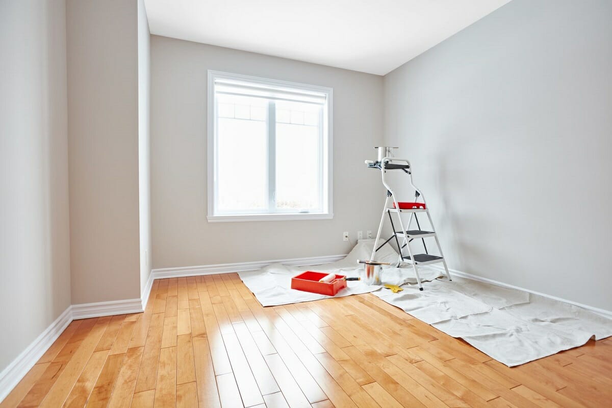 Interior room prepared and repainted, drop sheets down